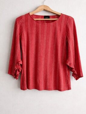 W5 Women’s coral/orange Textured Stripe Blouse Ruffle Sleeve Top 3/4 Sleeve   M